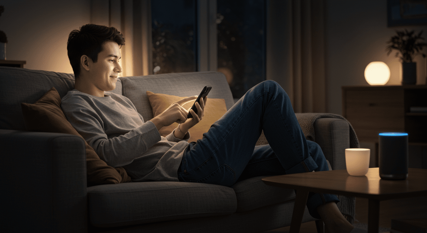 Man relaxing on a couch using a smartphone app to control a smart speaker and smart lighting