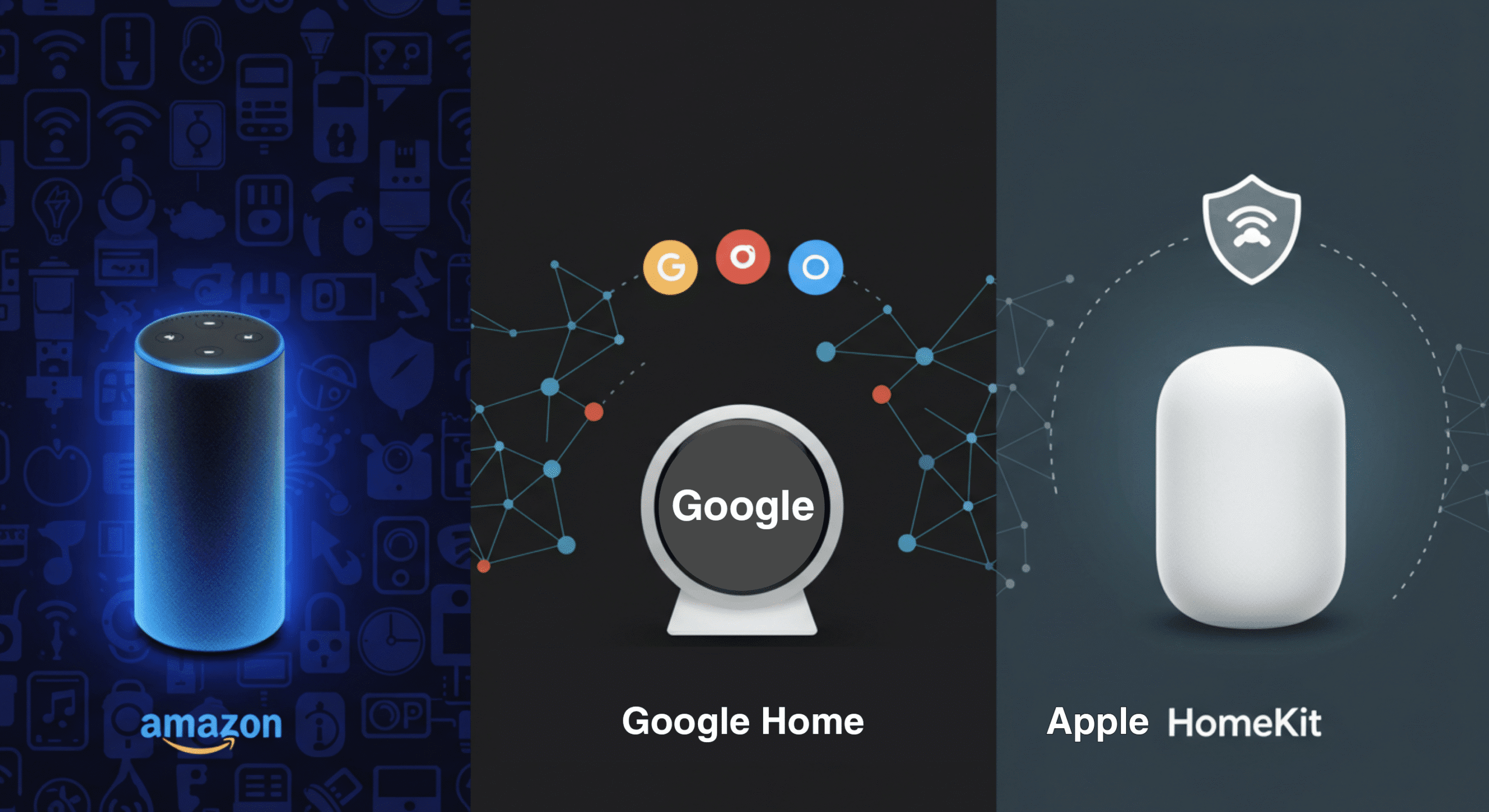 Side-by-side comparison of Amazon Alexa, Google Home, and Apple HomeKit smart home ecosystems