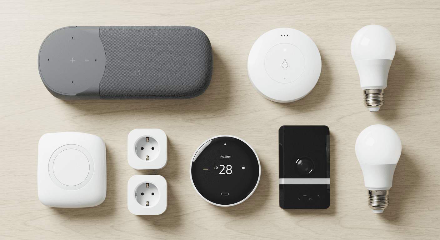 Collection of essential smart home devices for beginners including a speaker, thermostat, doorbell, plugs, and bulbs