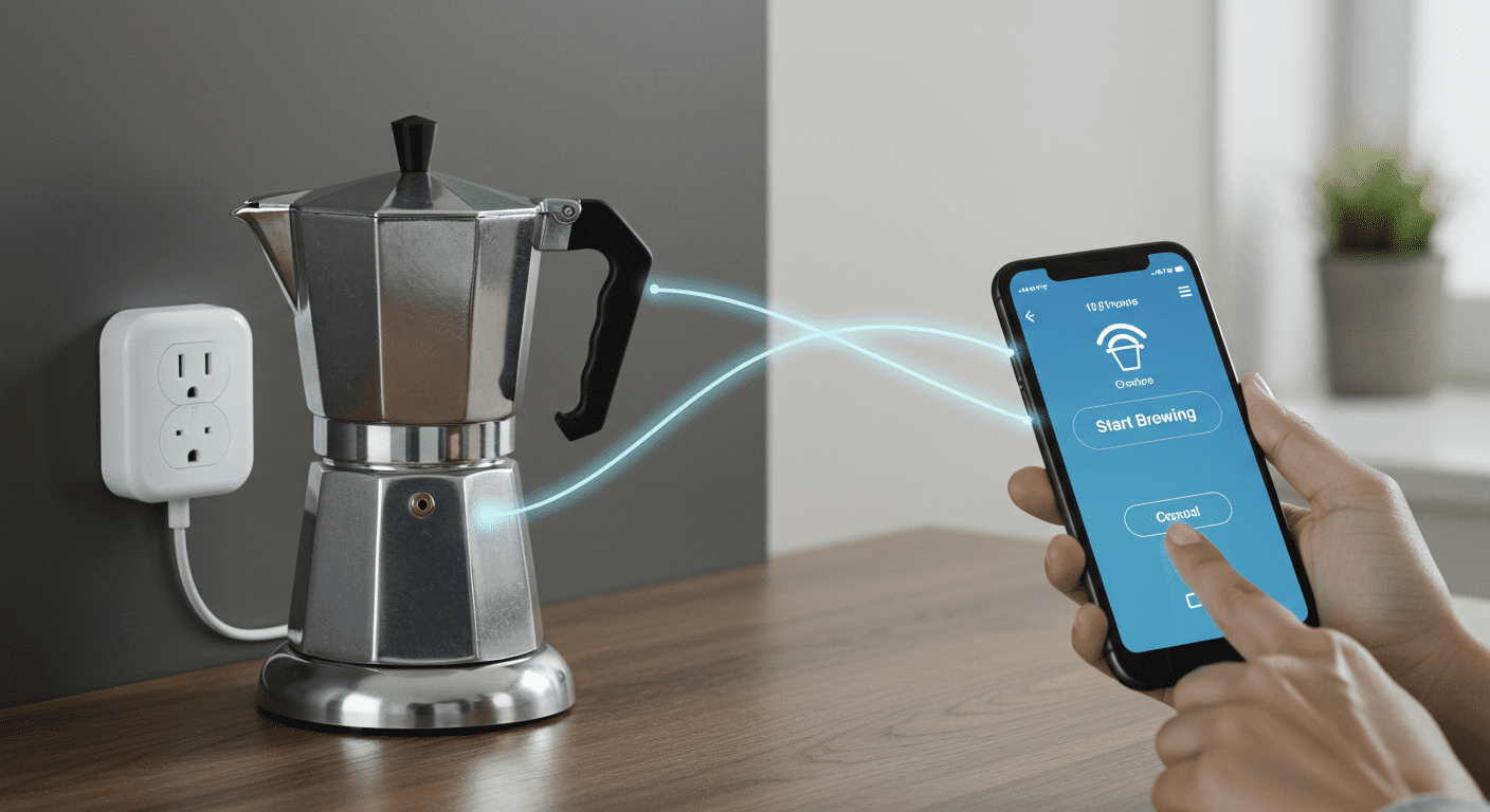 Person using a smartphone app to remotely start a coffee maker connected to a smart wall plug