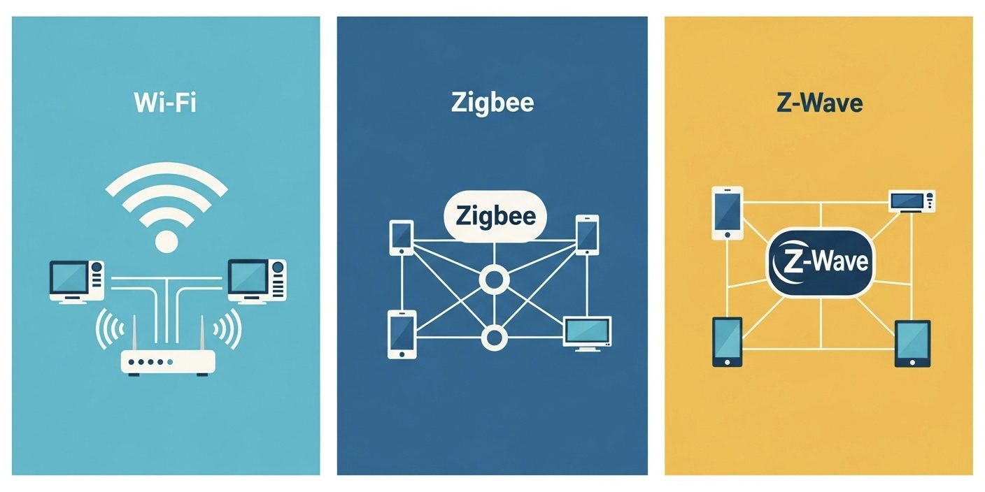 Infographic explaining and comparing Wi-Fi, Zigbee, and Z-Wave smart home network protocols