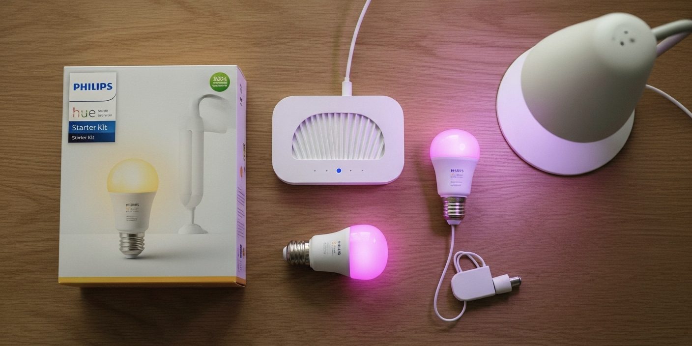 Philips Hue White and Color Ambiance Starter Kit unboxed showing the bridge and two glowing smart bulbs