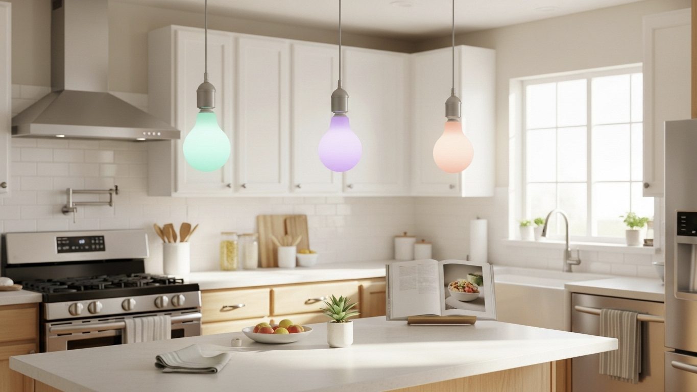 Three budget-friendly color-changing smart light bulbs illuminating a modern kitchen island