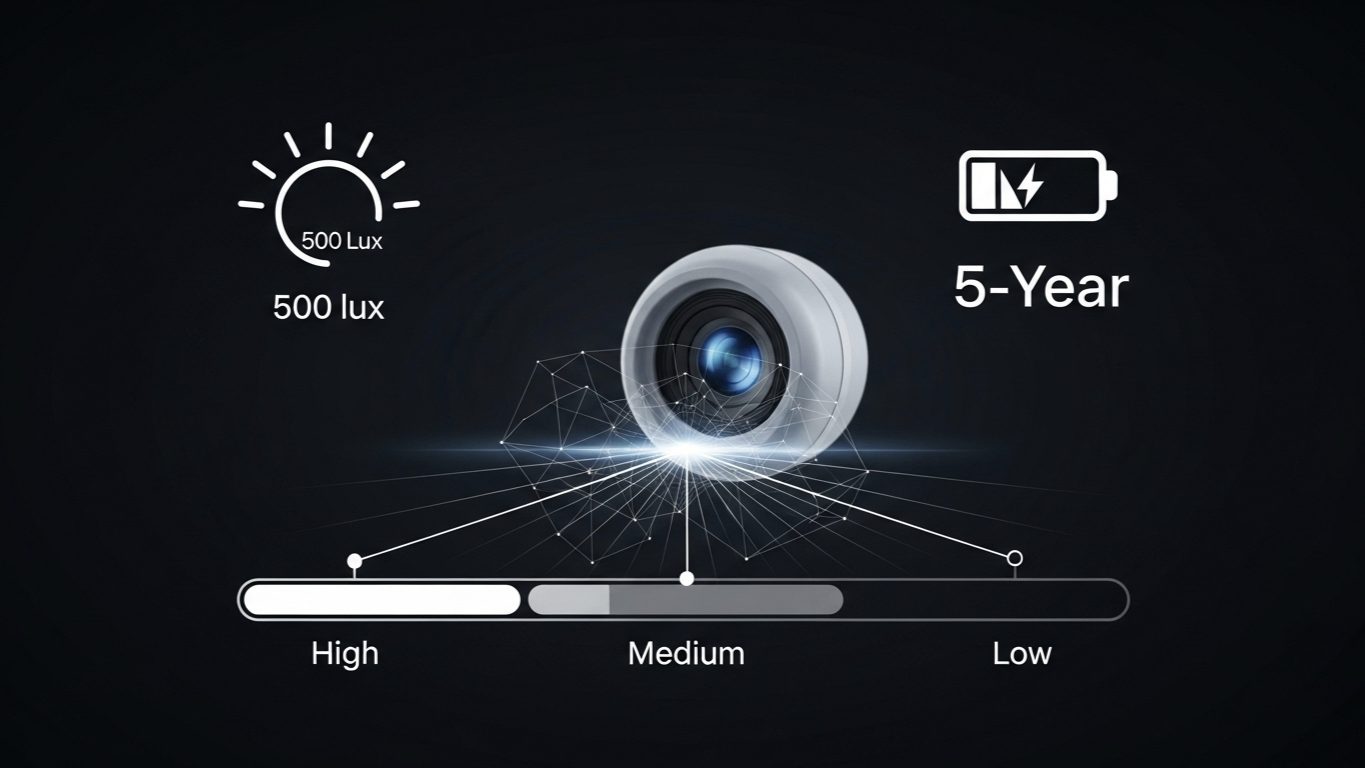 Aqara Motion Sensor P1 highlighting its 500 lux adjustable light sensitivity and 5-year battery life