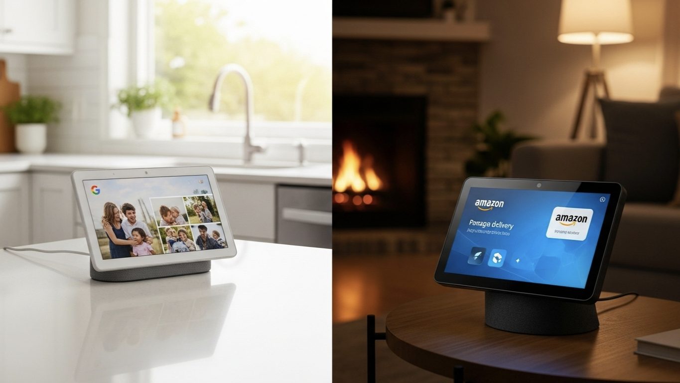 Side-by-side comparison of a Google Nest Hub display in a bright kitchen and an Amazon Echo Show 8 in a living room