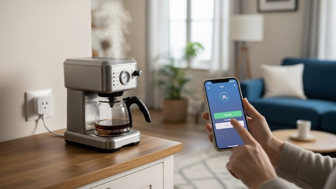 Person using a smartphone app to remotely control a coffee maker connected to a Wi-Fi smart plug on a kitchen counter