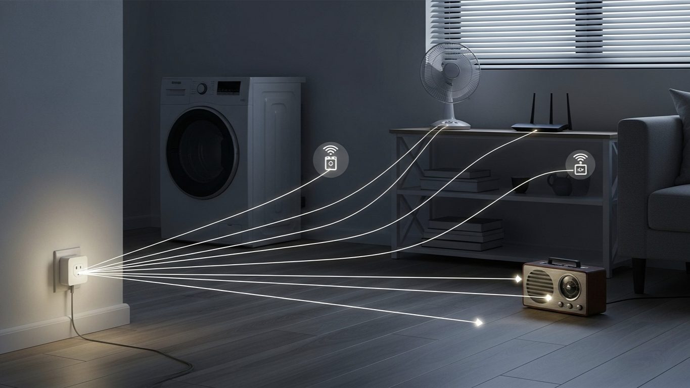 Illustration of a wall smart plug with glowing connection lines linking to various household appliances like a fan, router, and radio