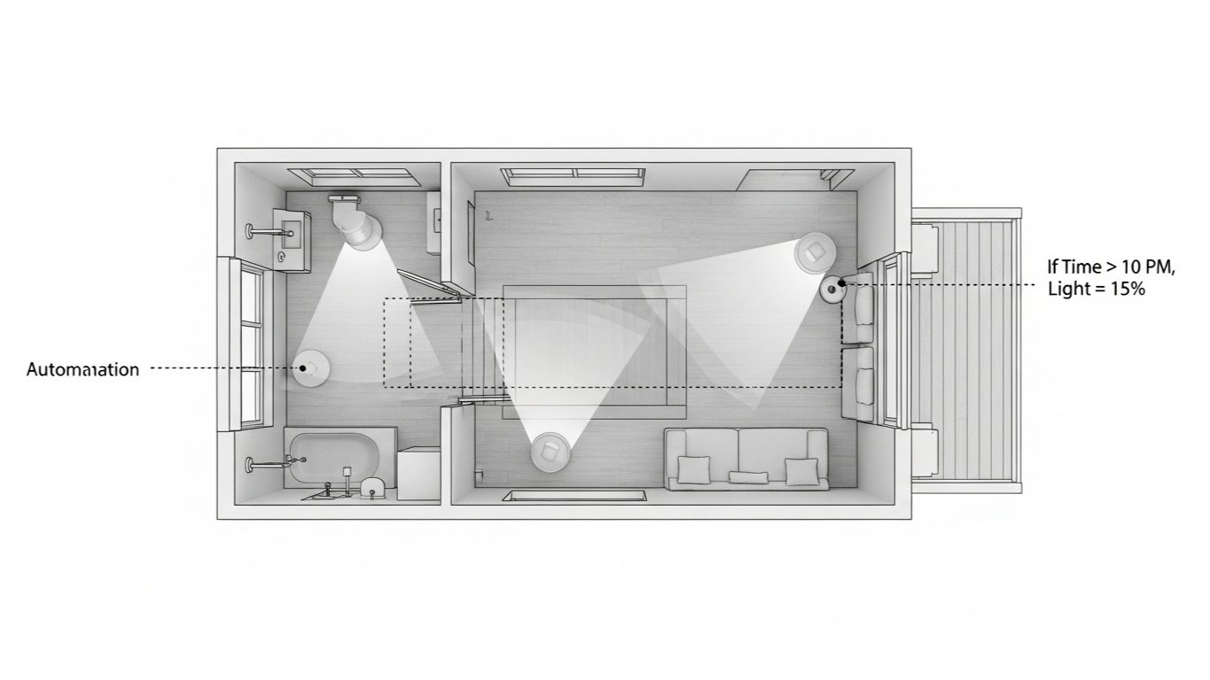Top-down floor plan diagram showing motion sensor coverage zones and automation rules for hallway and bathroom smart lighting