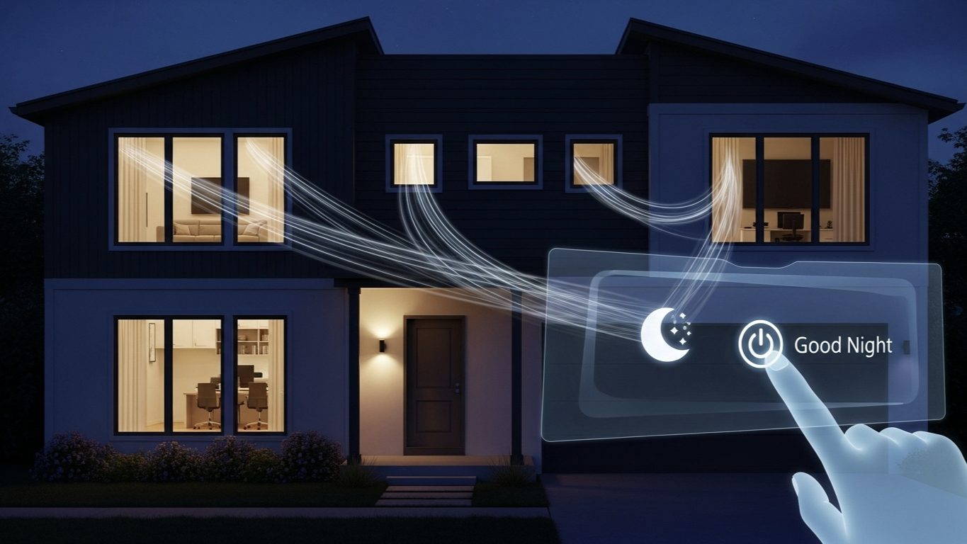 Digital interface showing a finger pressing a Good Night routine button to turn off all smart lights in a two-story house