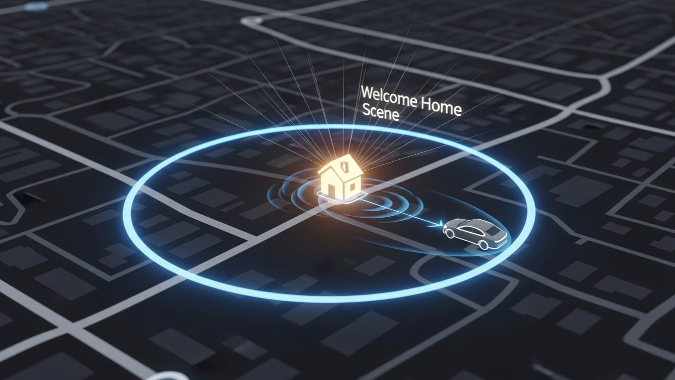 3D map graphic illustrating a car crossing a geofence boundary to trigger an automated welcome home scene