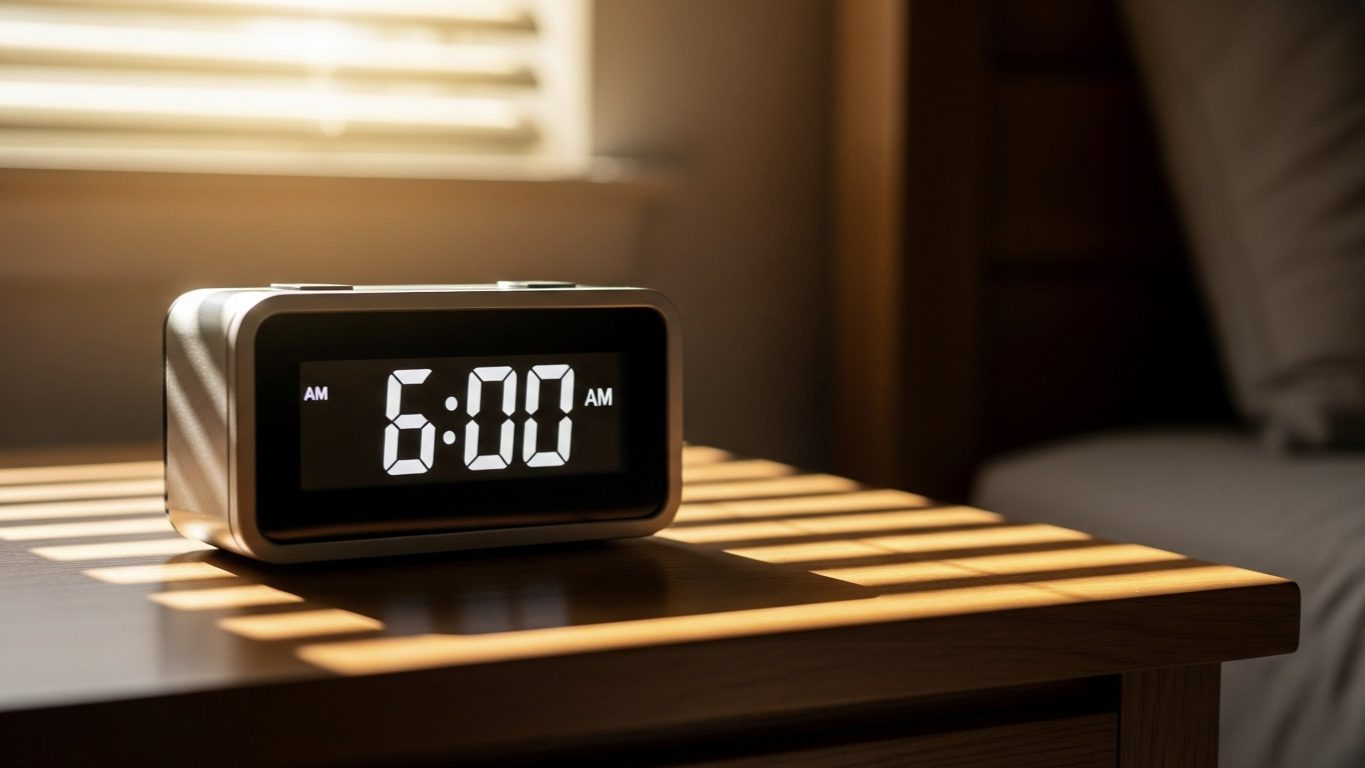 Digital alarm clock reading 6 AM on a nightstand with natural sunlight shining through automated smart blinds