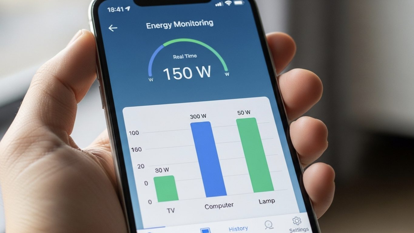 Smartphone app screen showing real-time energy monitoring and power consumption charts for smart plugs