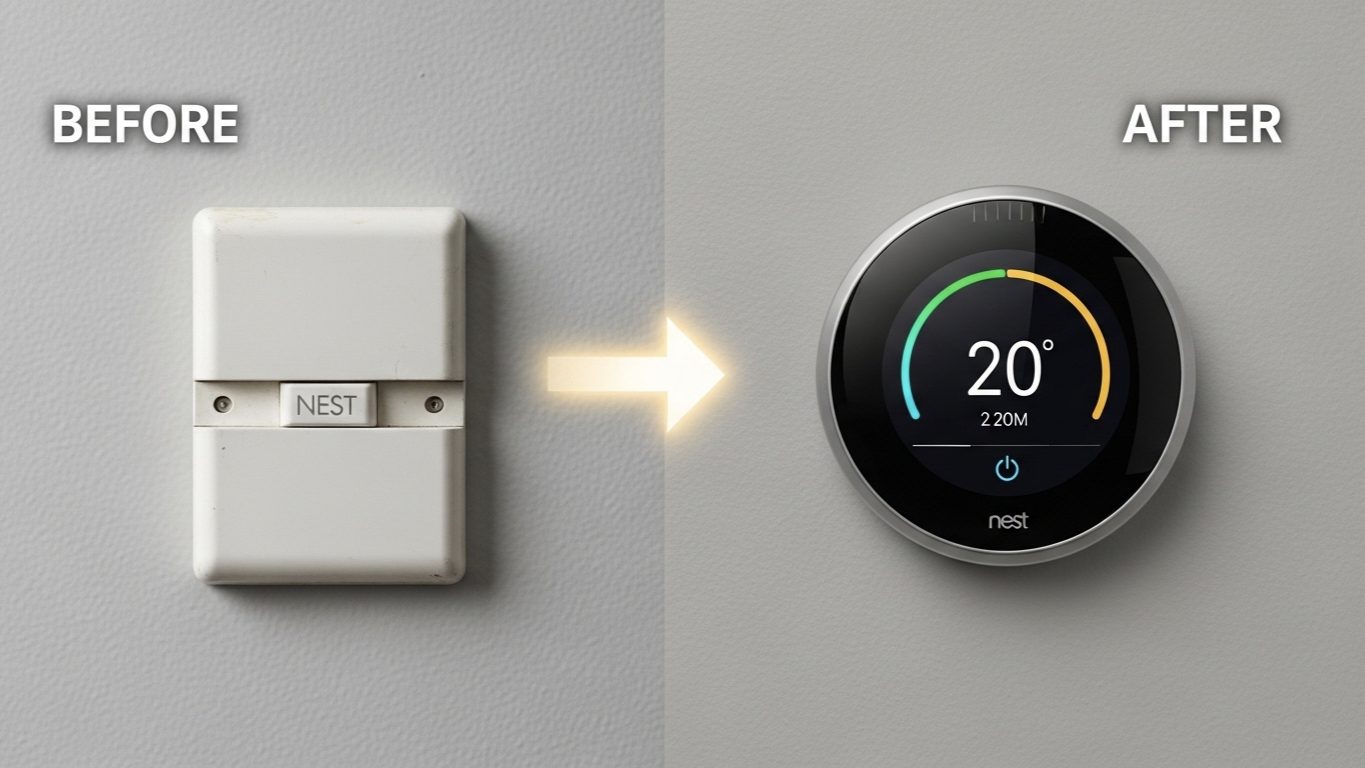 Before and after comparison of replacing a traditional wall thermostat with a Google Nest smart thermostat