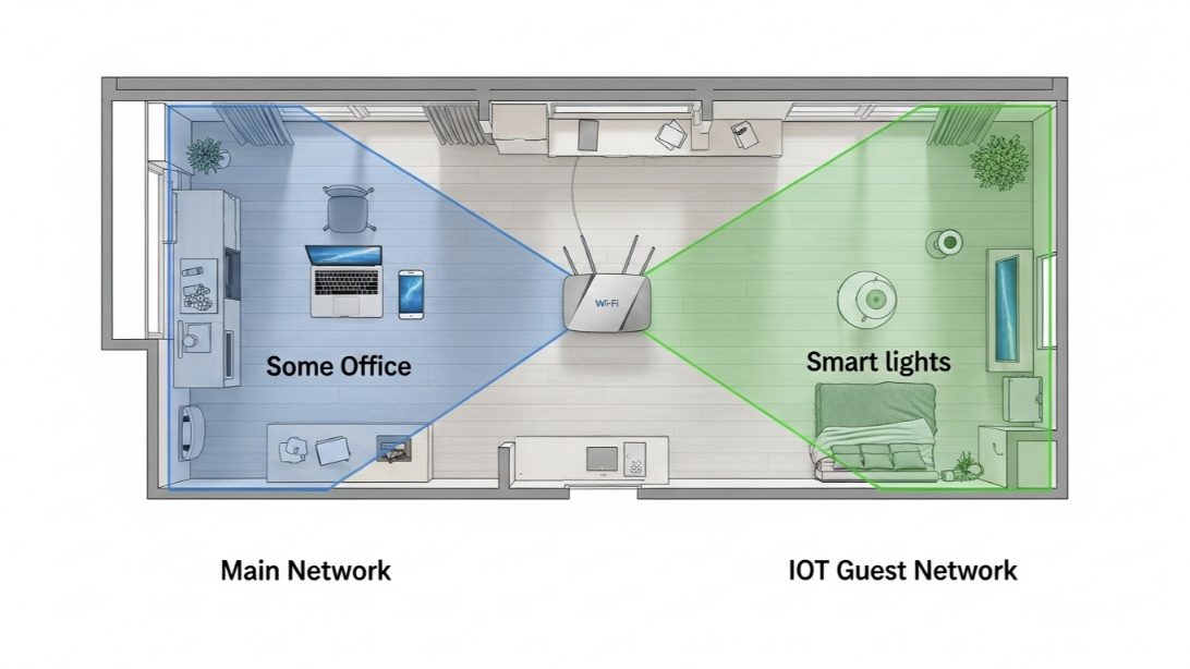 House floor plan diagram showing a router splitting connections into a main network for PCs and an IoT guest network for smart devices