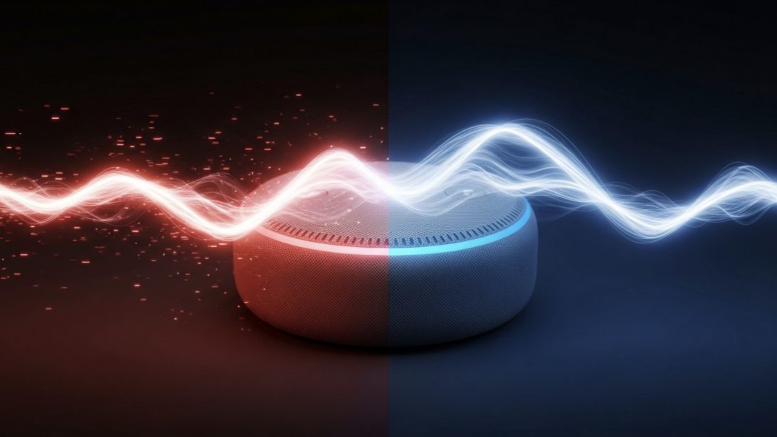 Amazon Echo Dot displaying split red and blue glowing lights illustrating a factory reset process