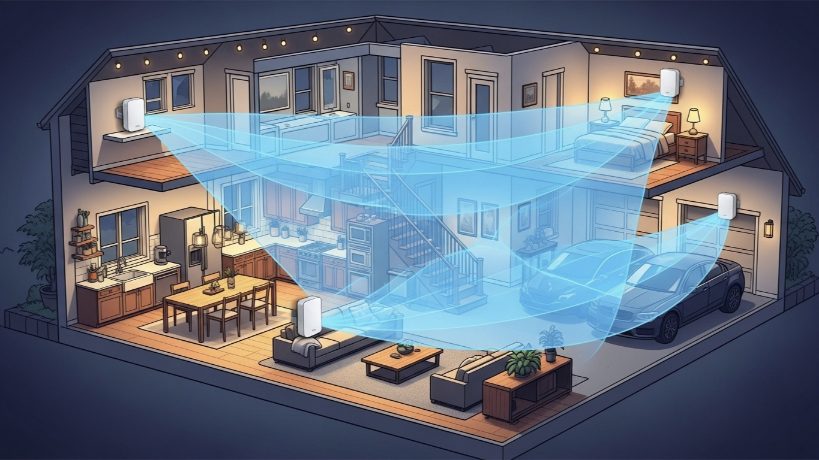 3D house layout showing weak Wi-Fi signal coverage causing smart devices to keep disconnecting