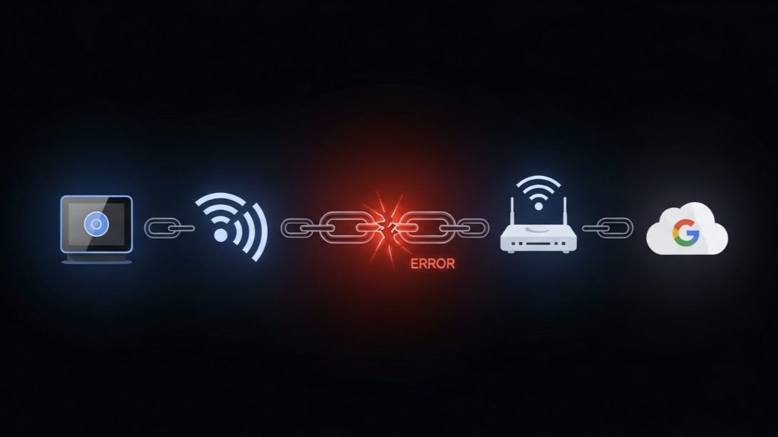 Illustration of a broken connection error between a smart home device, Wi-Fi router, and Google cloud servers
