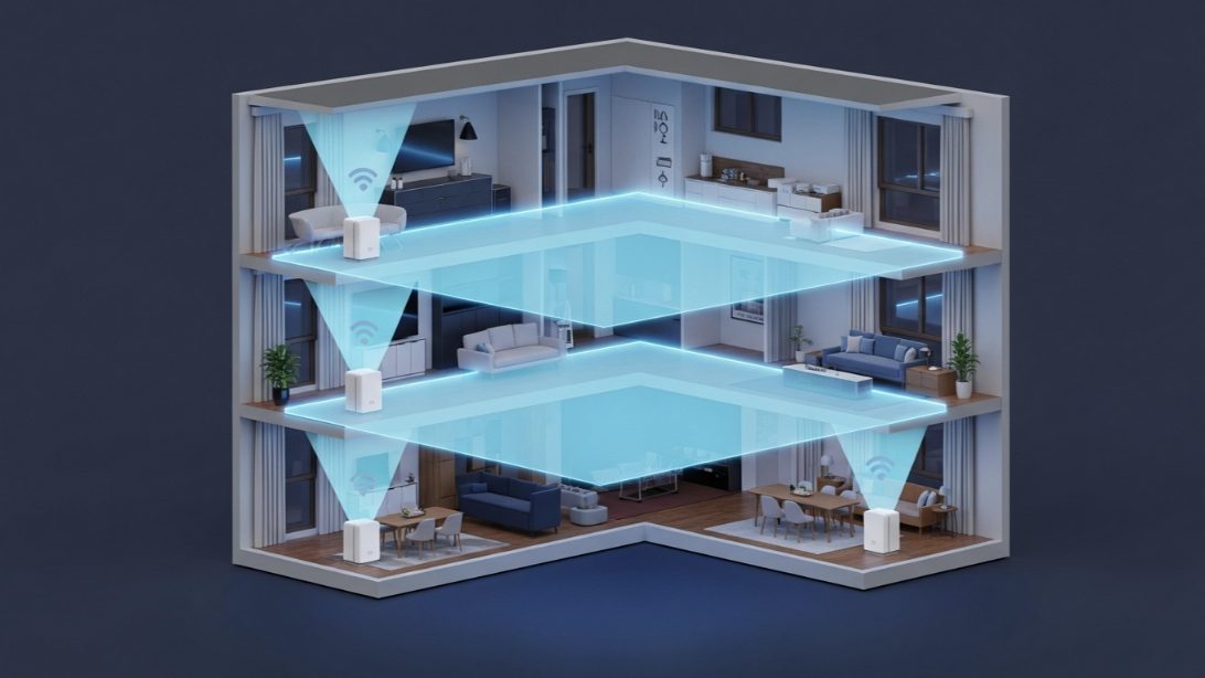 3D house cross-section demonstrating a Wi-Fi mesh network setup providing strong signal coverage across three floors