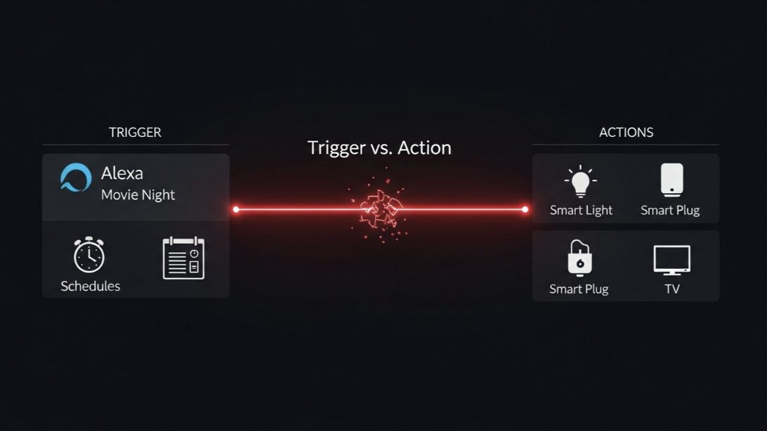 Alexa app interface diagram showing a broken connection between trigger conditions and smart home actions