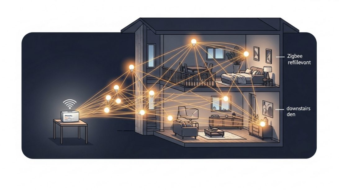 Diagram of a two-story house illustrating a Philips Hue bridge connecting to smart bulbs through a Zigbee mesh network