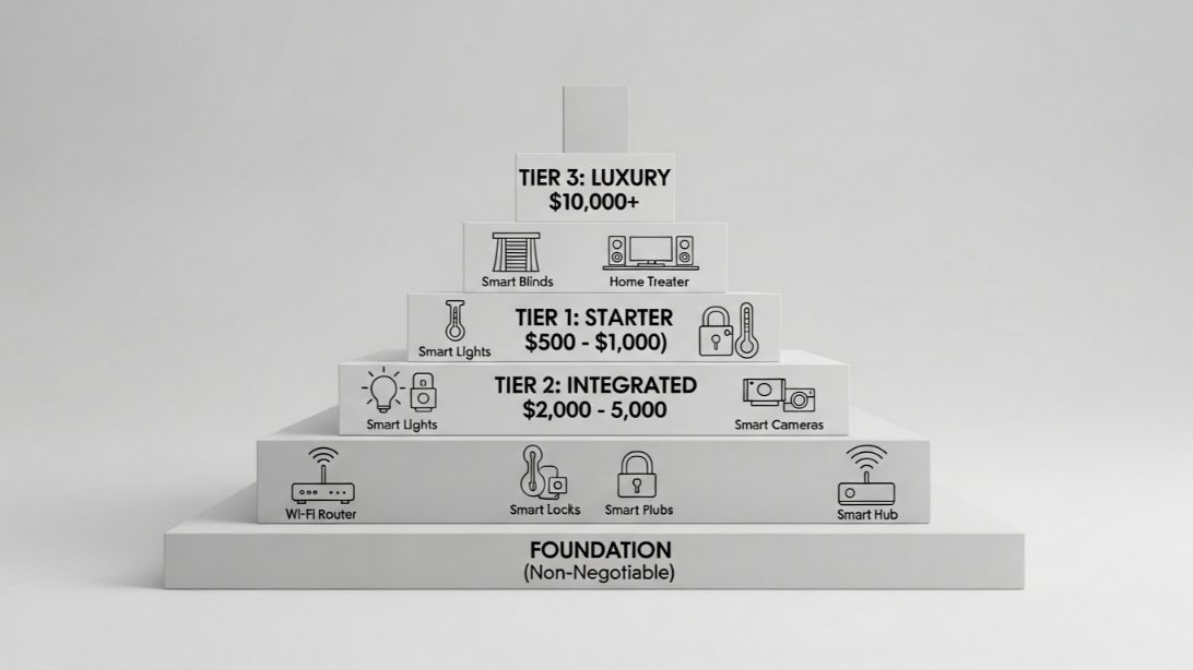 Budget breakdown pyramid chart showing smart home costs from starter tiers to luxury integrations