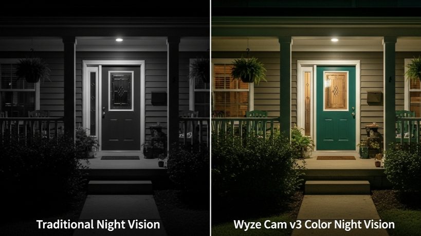 Side-by-side comparison of traditional black and white night vision versus Wyze Cam v3 color night vision on a front porch