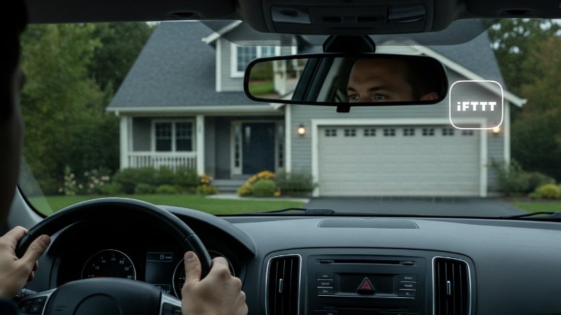 Person driving a car arriving at a smart home automated by the IFTTT app