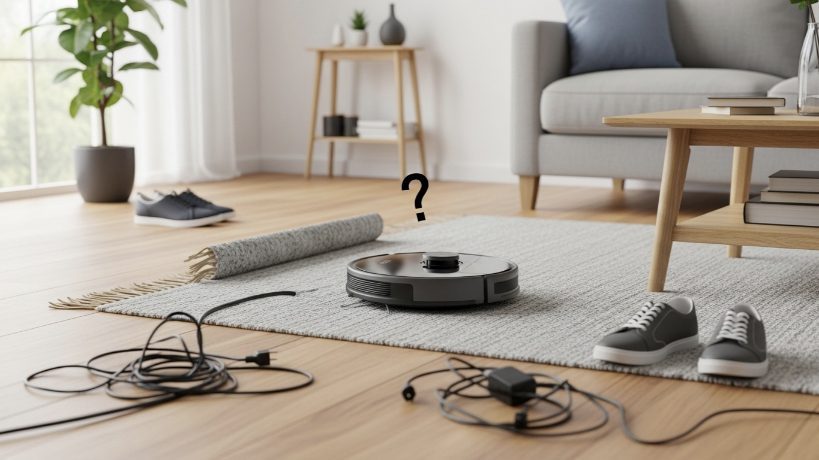 Robot vacuum cleaner getting stuck on a rug with tangled electrical cords in a living room