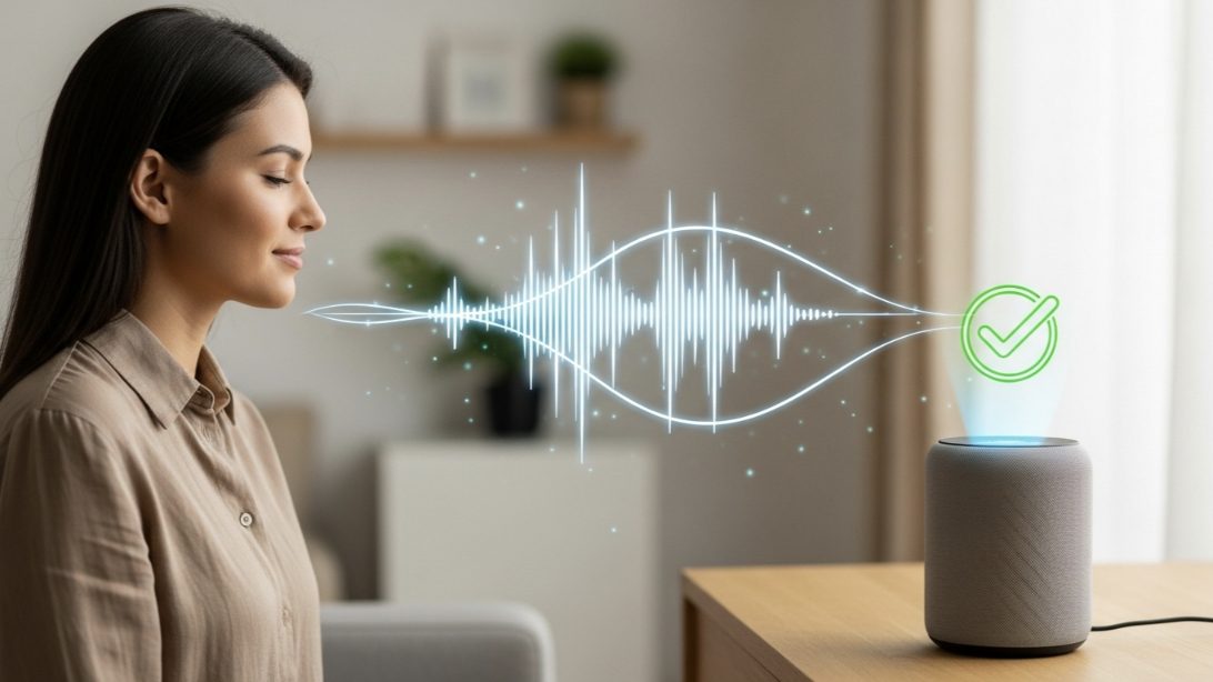 Woman successfully giving voice commands to a smart speaker showing digital sound waves and a green checkmark