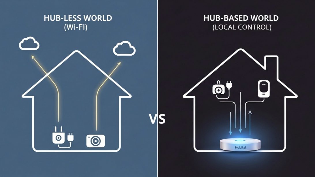 Diagram comparing a hub-less Wi-Fi smart home setup with a hub-based local control system using a central hub