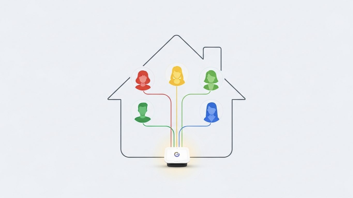 Diagram showing multiple family member profiles connected to a single Google Home smart hub
