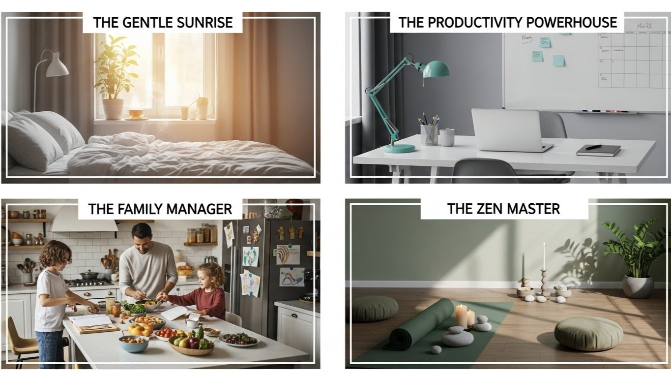 Collage of four smart home morning routines featuring automated bedroom lighting, home office setup, family kitchen, and a yoga space