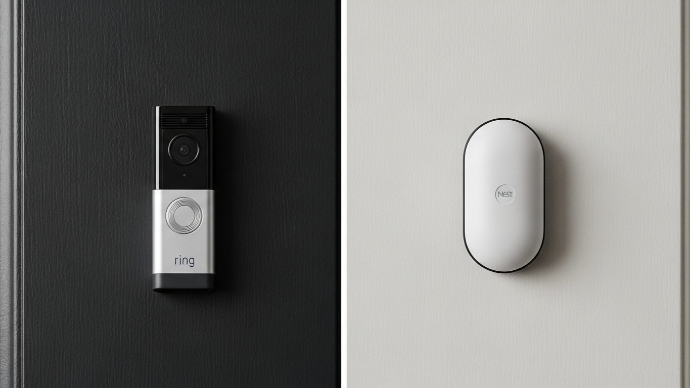 Side-by-side comparison of a Ring Video Doorbell on a dark door and a Google Nest Doorbell on a light wall