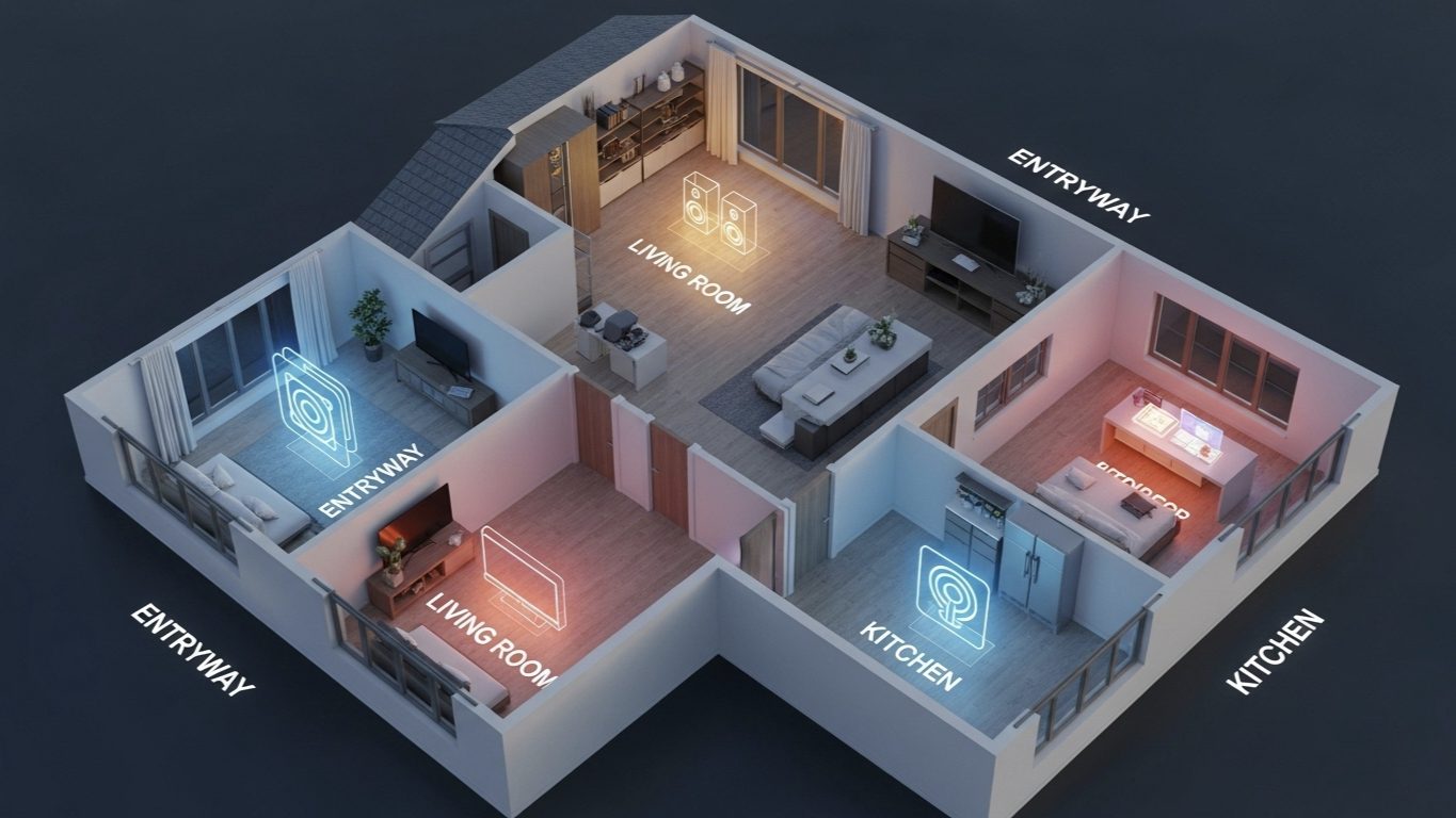 3D smart home floor plan illustrating a room-by-room setup checklist for living room, kitchen, and entryway
