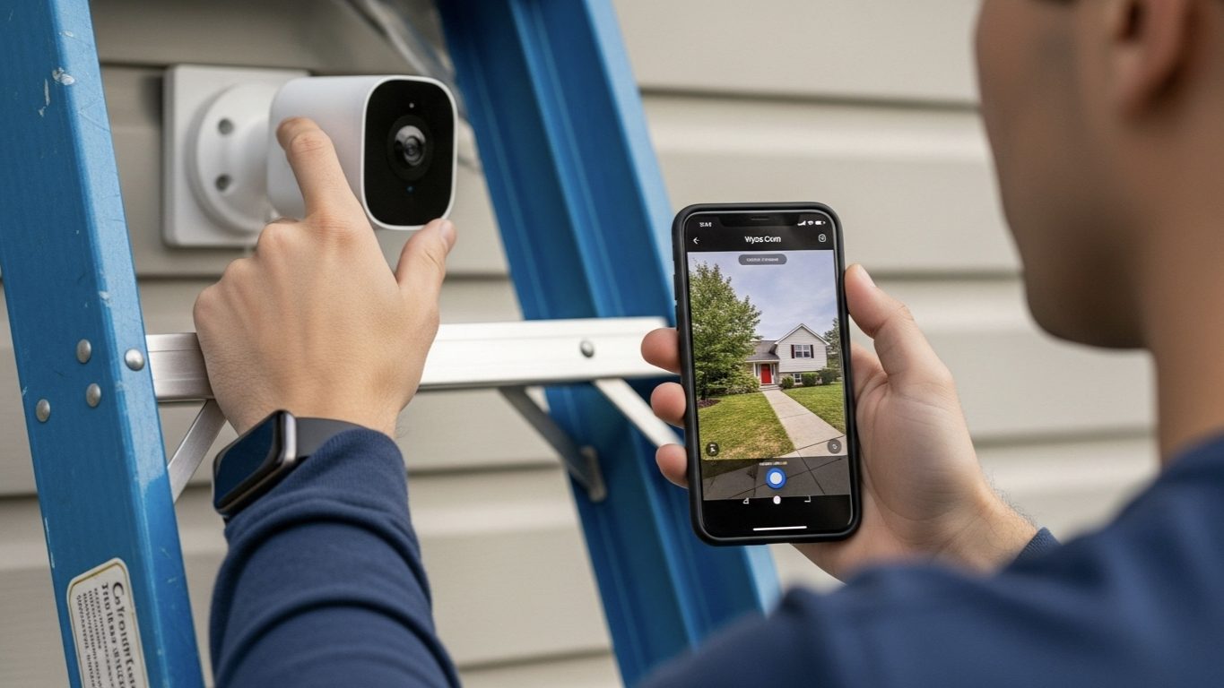 Person on a ladder installing a Wyze outdoor smart security camera and checking the live feed on a smartphone