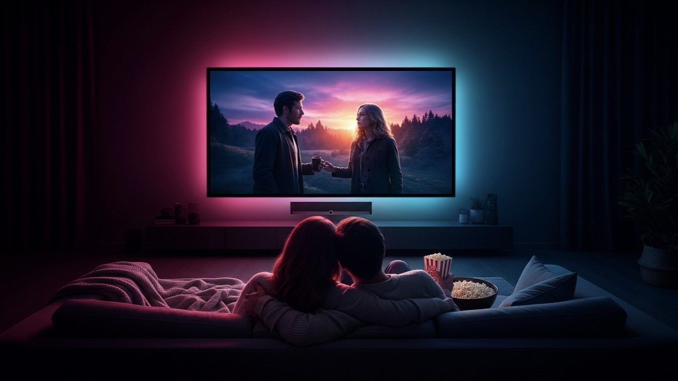 Couple relaxing on a couch watching TV with immersive smart lighting for a home movie theater scene