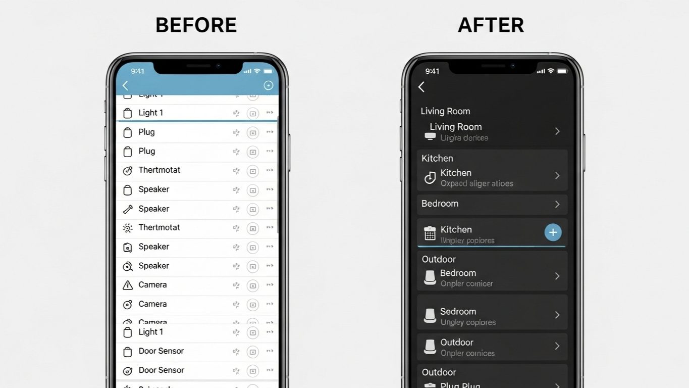 Before and after comparison of organizing smart home devices and rooms in the Alexa app interface