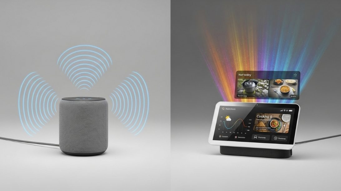 Side-by-side comparison of a smart speaker emitting sound waves and a smart display showing a cooking recipe