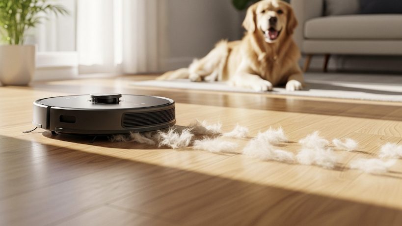 Robot vacuum cleaning dog hair off a hardwood floor with a Golden Retriever resting in the background