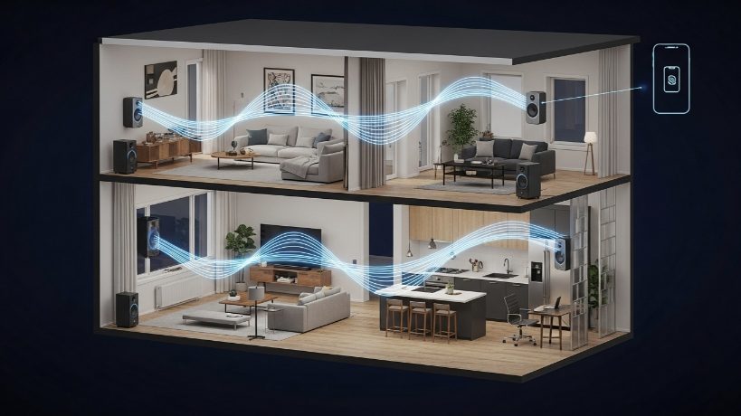 3D cross-section of a two-story home showing synchronized multi-room audio connections between smart speakers