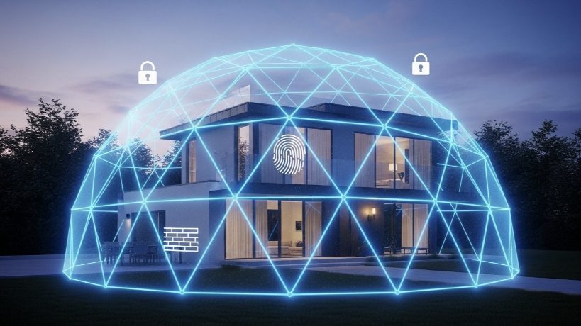 Modern house protected by a glowing digital dome with lock and fingerprint icons representing smart home privacy