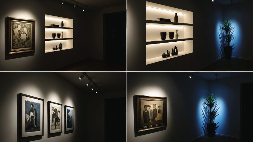 Philips Hue smart lighting setups illuminating wall shelves and artwork in a dark room