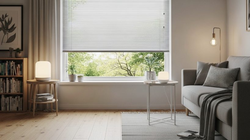 IKEA smart home products including a glowing table lamp in a brightly lit modern living room