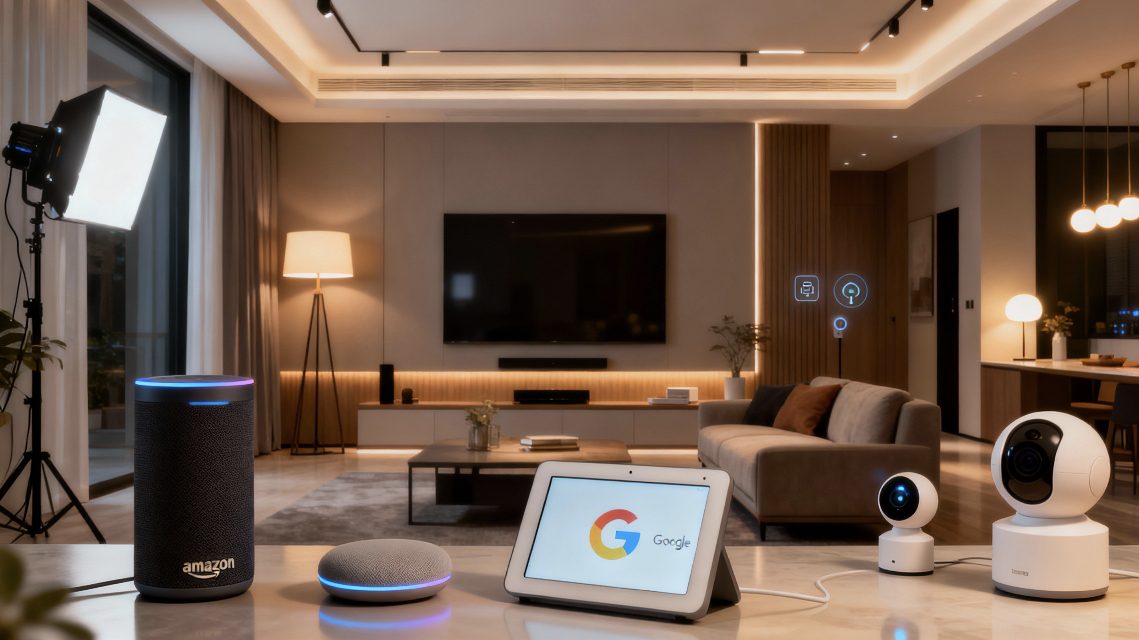 Living room setup featuring Amazon Echo, Google Home Hub, and security cameras connected by glowing network lines