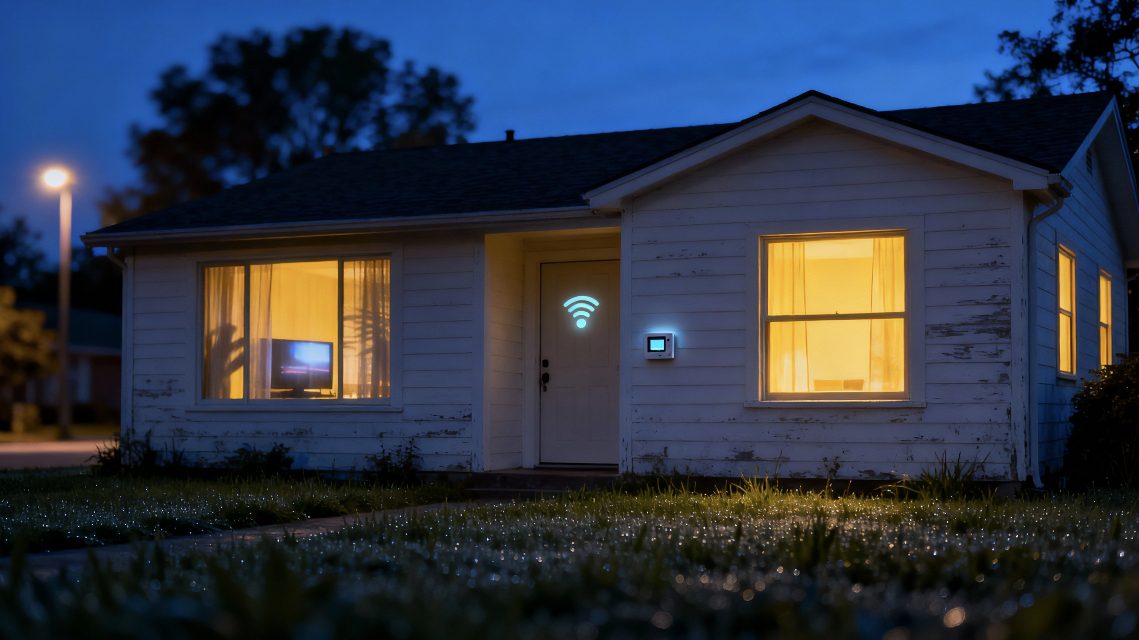 House exterior at dusk with automated lights and TV turned on to simulate occupancy for vacation mode