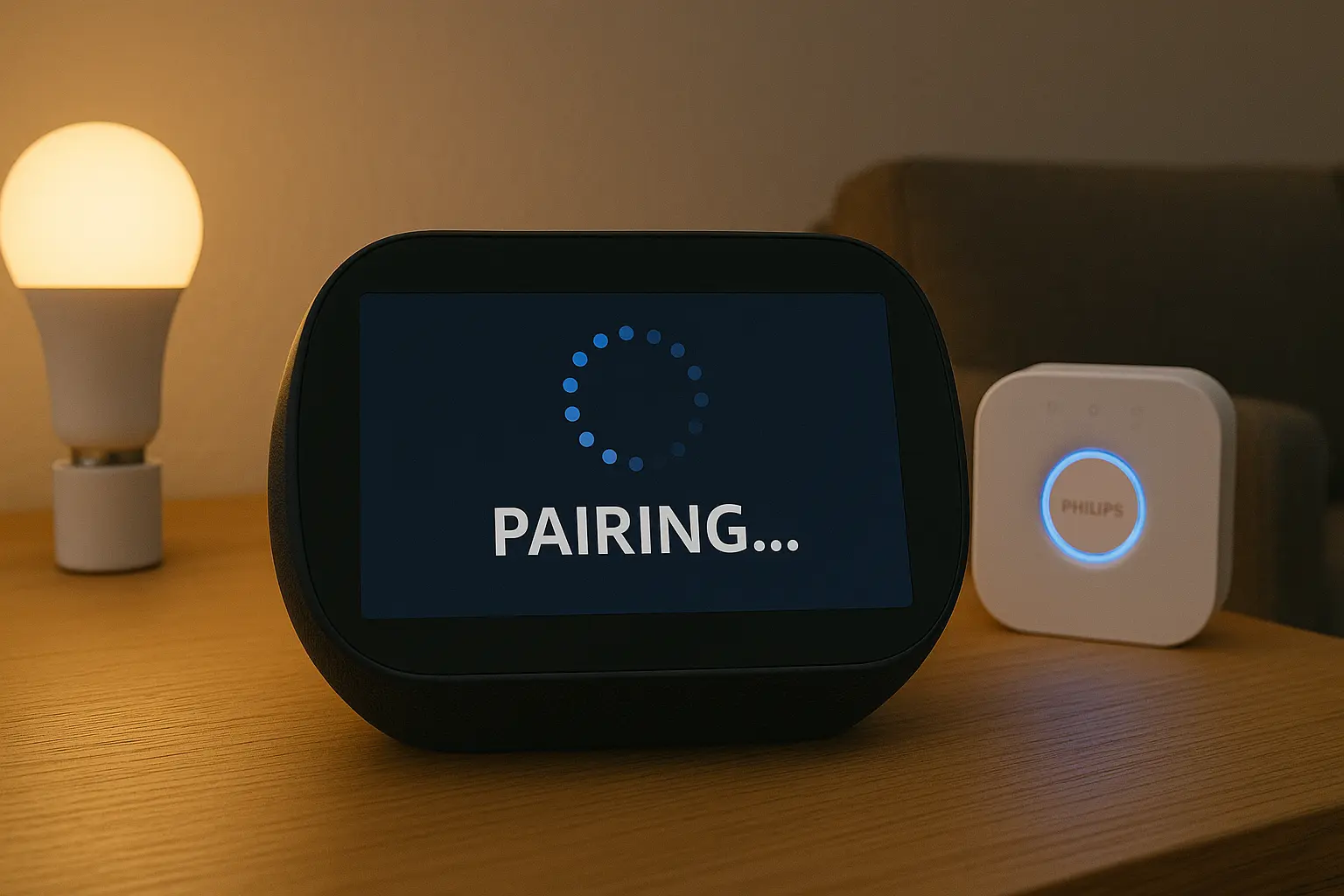 Amazon Echo Show displaying a pairing screen next to a Philips Hue bridge and smart bulb during setup