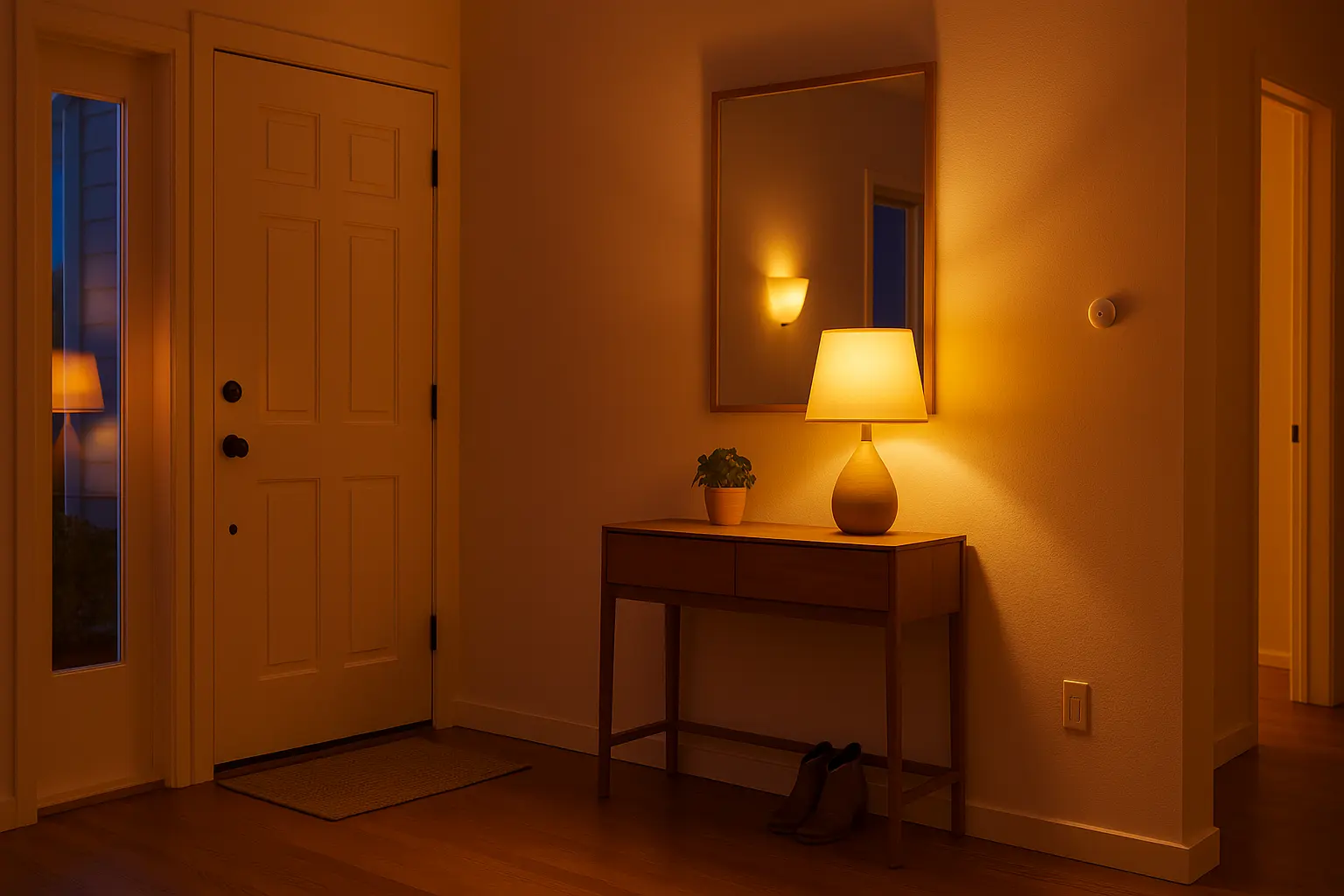 Automated welcome home scene with warm smart lighting illuminating a hallway and entryway table at night