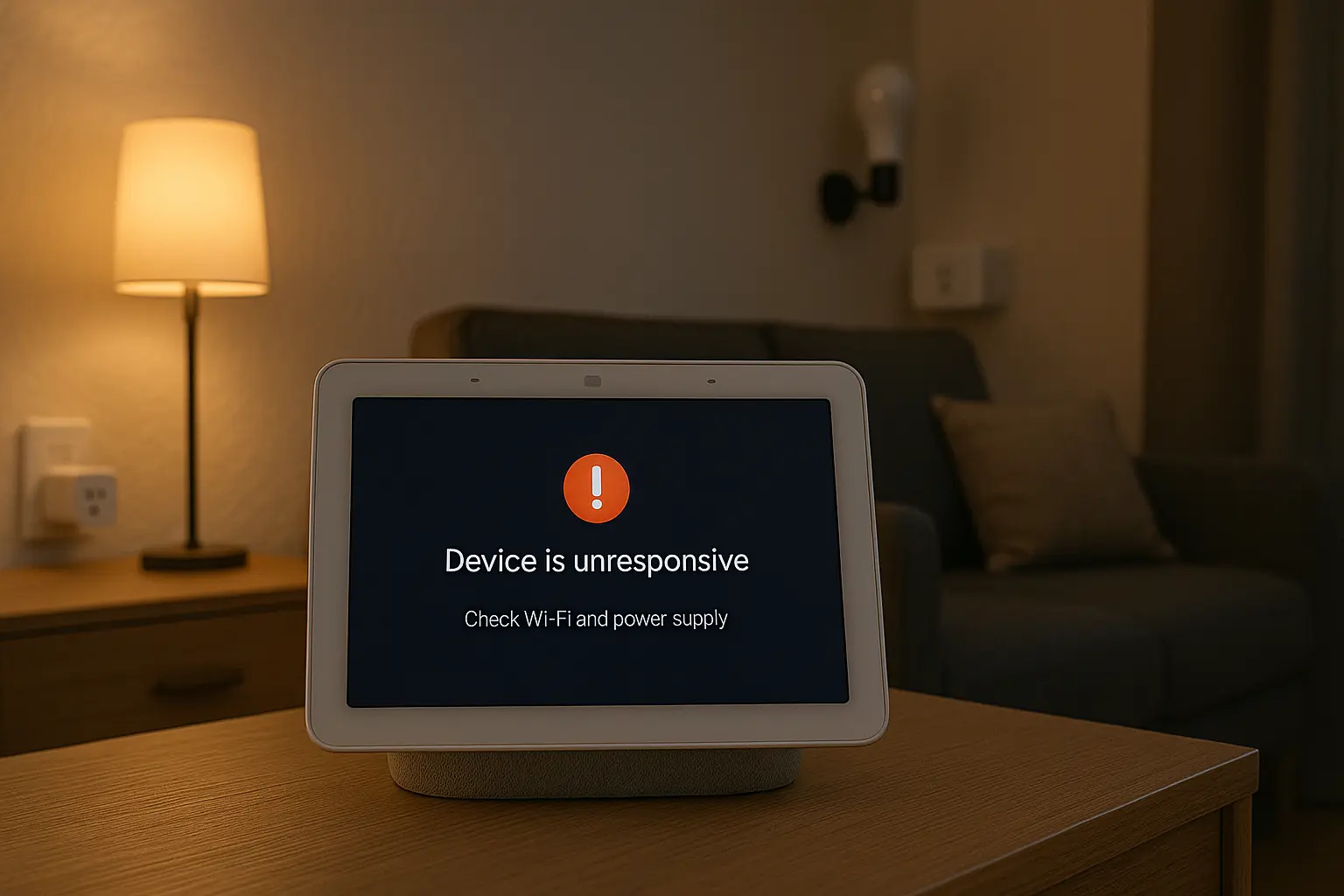 Google Nest Hub displaying an orange device is unresponsive error message regarding Wi-Fi and power supply
