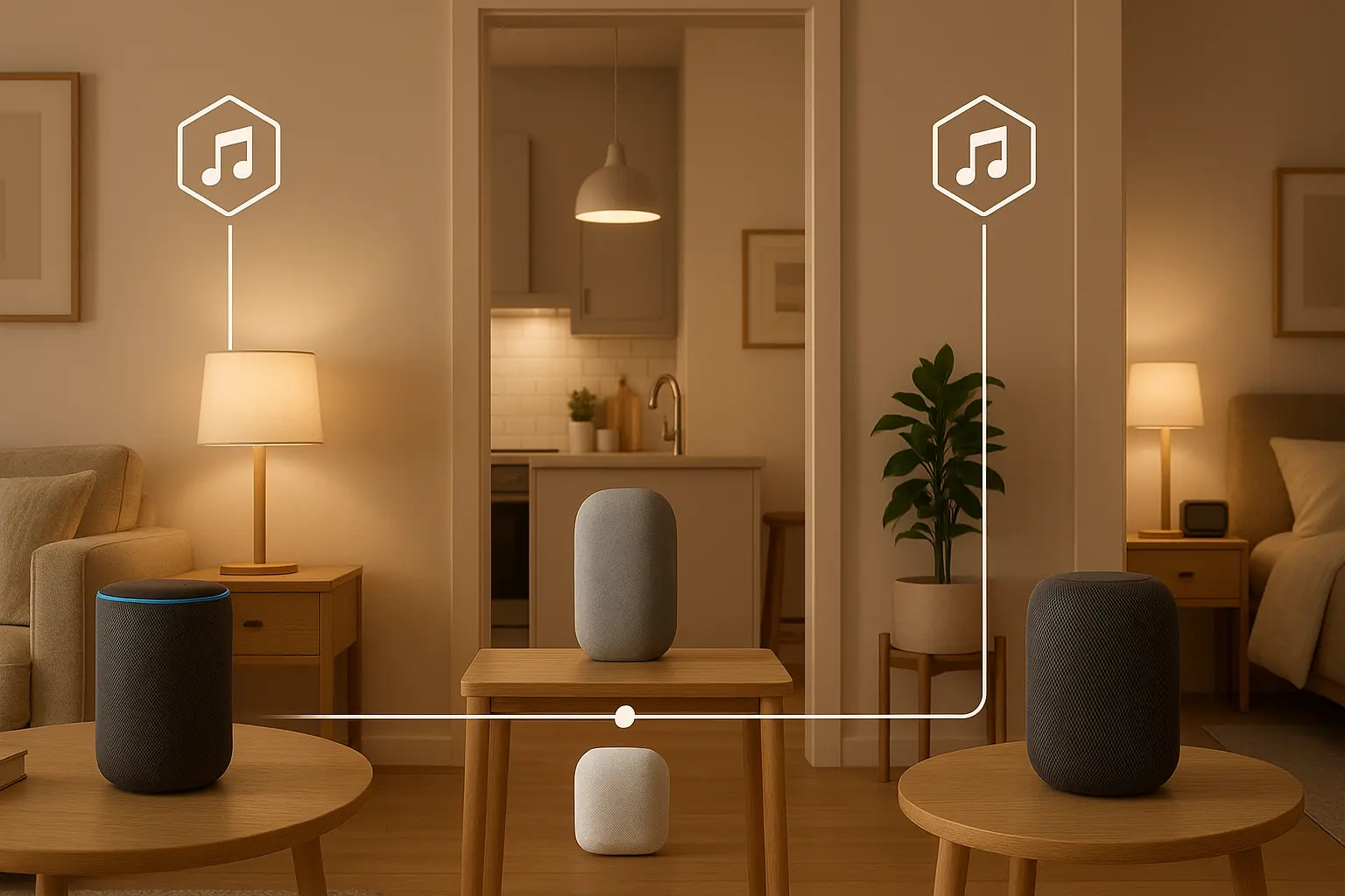 Diagram showing smart speakers grouped across a living room, kitchen, and bedroom for synchronized multi-room audio