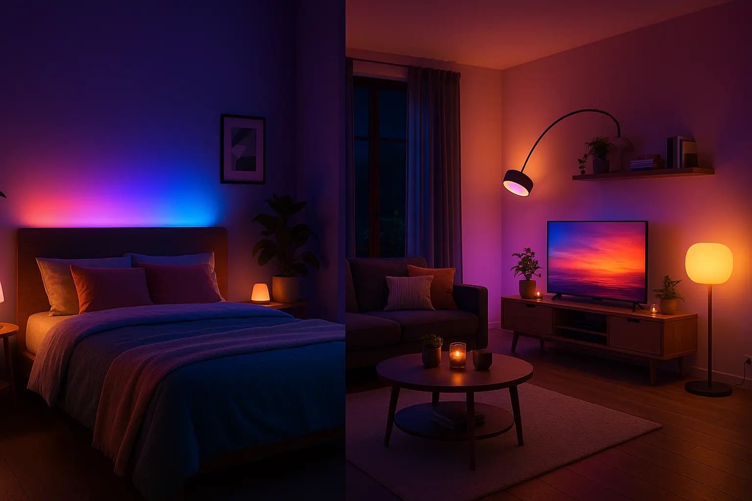 Comparison of two Philips Hue lighting scenes showing cool blue and purple tones versus warm sunset orange tones